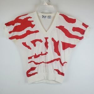 VTG 80s Duet Digital Cat Atari Video Game Vneck Knit Top Shirt Blouse Womens M